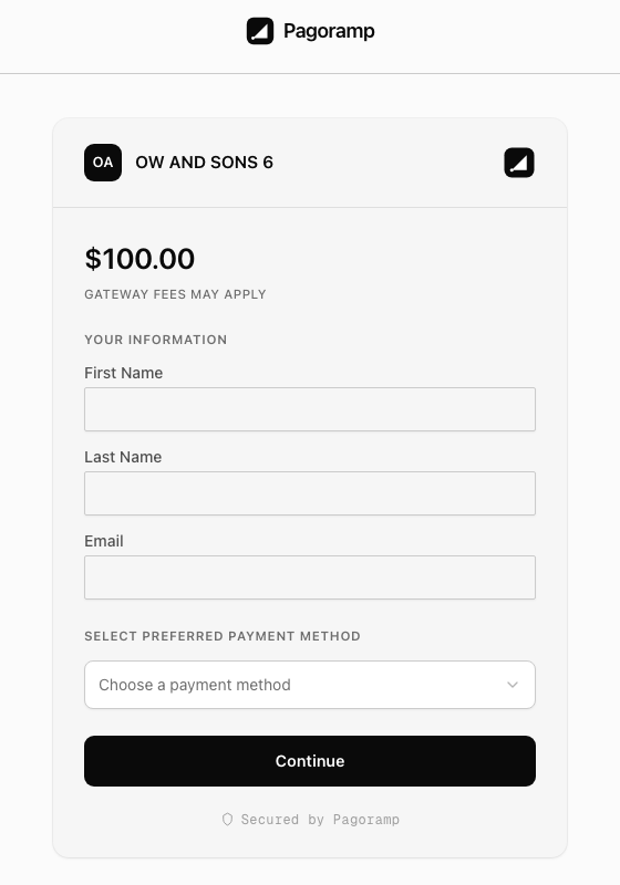 Pagoramp Payment Links hosted checkout page showing a $100 payment request with card, crypto and local payment method options